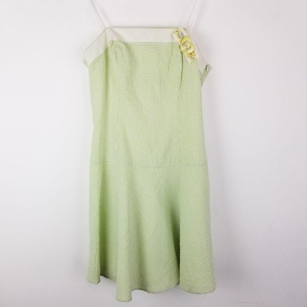 Vtg ABS Dress 10 Seersucker‎ Strapless Dropped Waist Cottagecore Green 90s